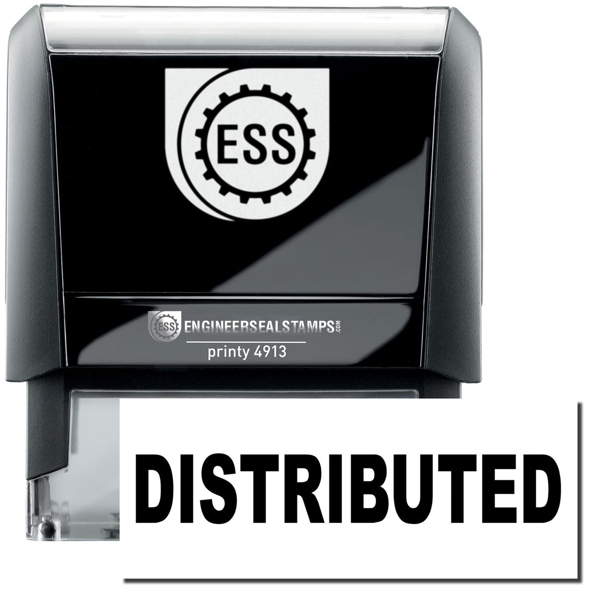 A self-inking stamp with a stamped image showing how the text &quot;DISTRIBUTED&quot; in a large bold font is displayed by it.