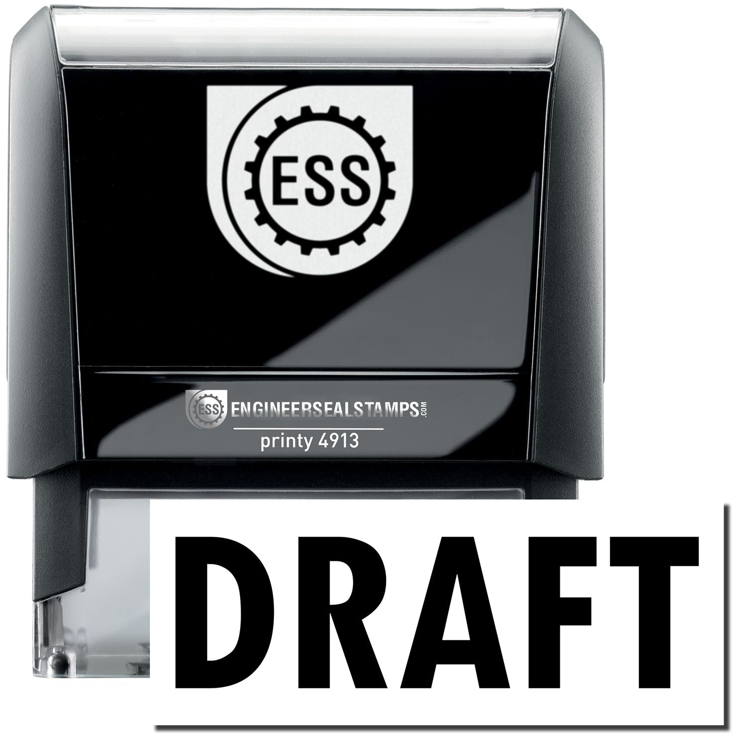 A self-inking stamp with a stamped image showing how the text "DRAFT" in a large bold font is displayed by it.