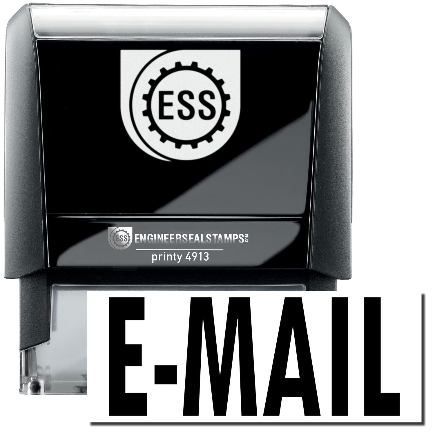 A self-inking stamp with a stamped image showing how the text E-MAIL in a large bold font is displayed by it.