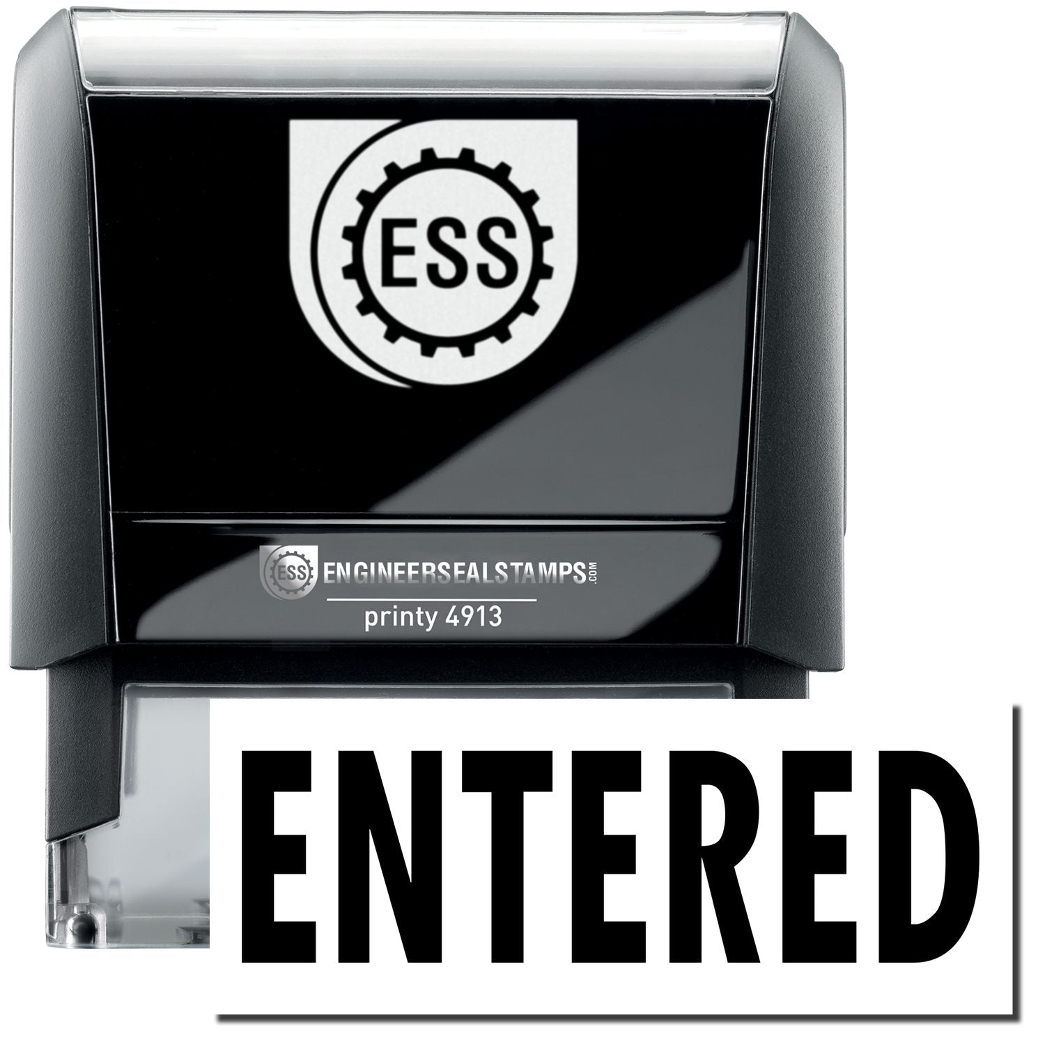 A self-inking stamp with a stamped image showing how the text "ENTERED" in a large bold font is displayed by it.