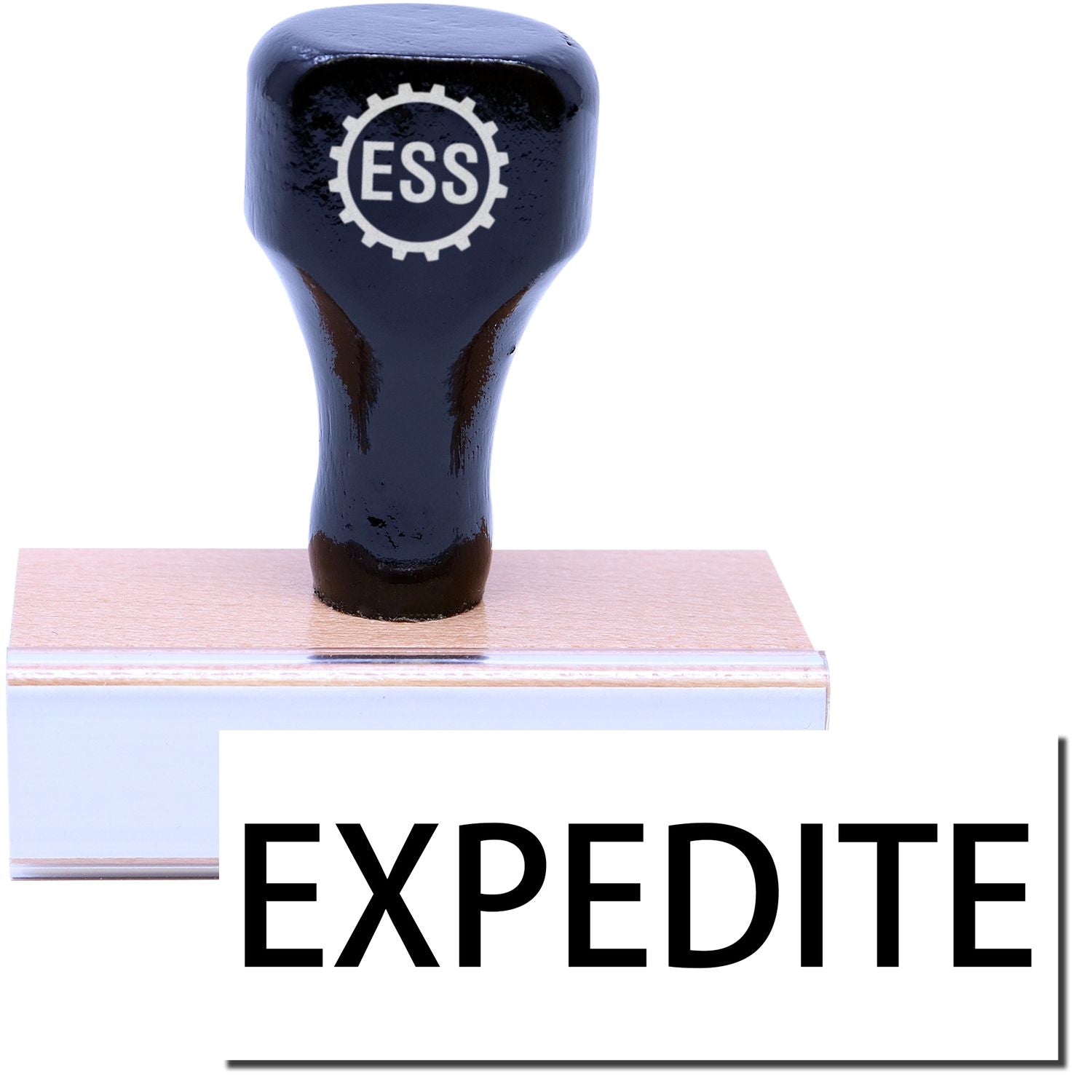 A stock office rubber stamp with a stamped image showing how the text EXPEDITE in a large font is displayed after stamping.