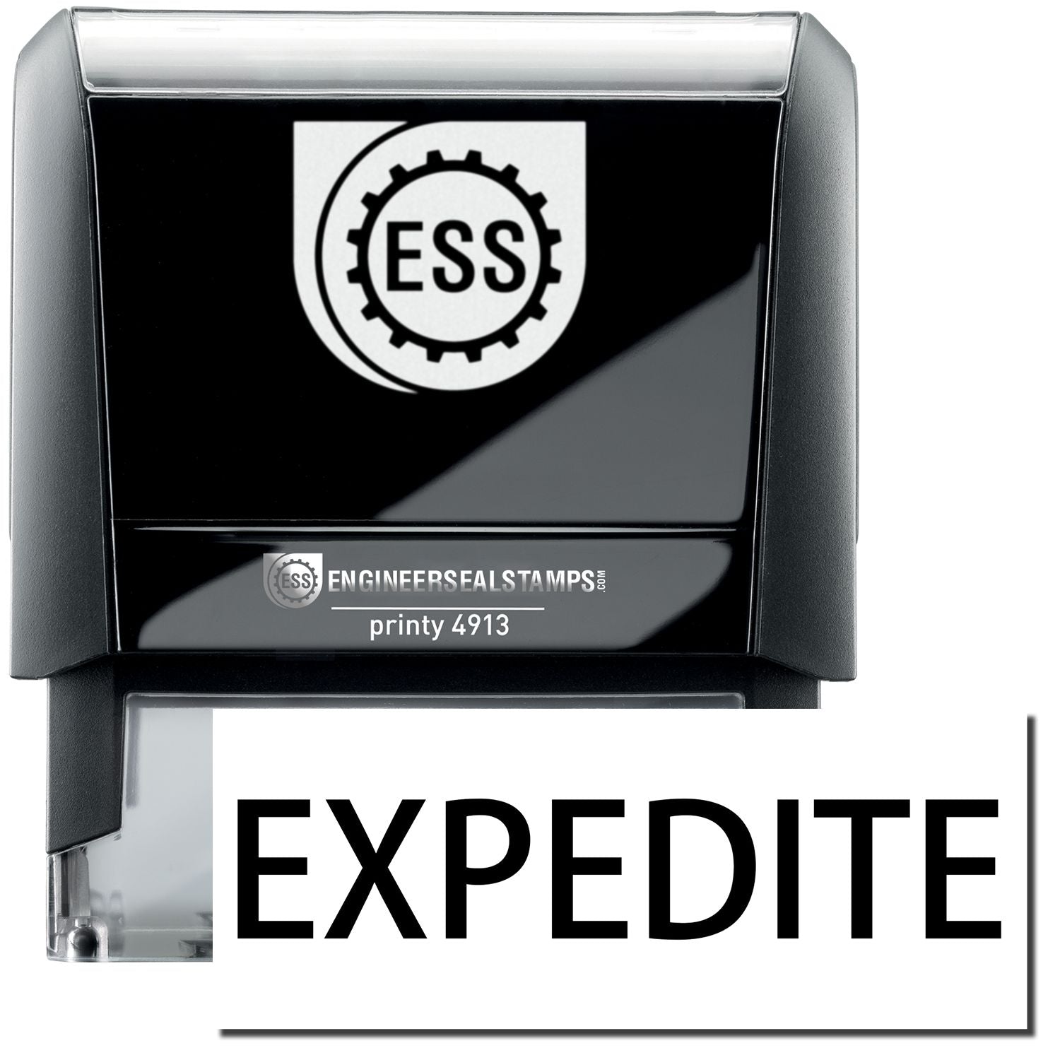 A self-inking stamp with a stamped image showing how the text EXPEDITE in a large bold font is displayed by it.