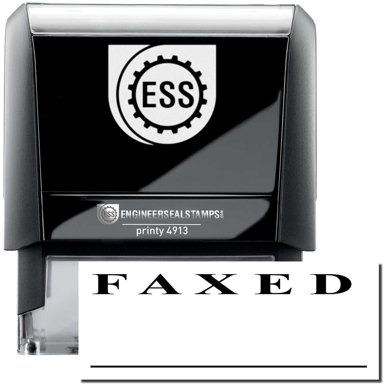 A self-inking stamp with a stamped image showing how the text "FAXED" in a large bold font with a line is displayed by it.