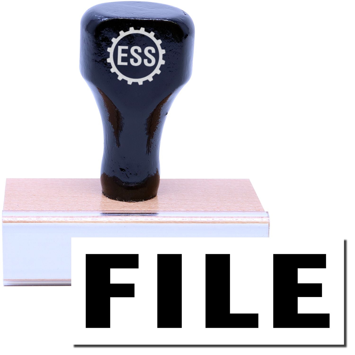 Large File Rubber Stamp with a black handle and wooden base, featuring the word FILE in bold letters.