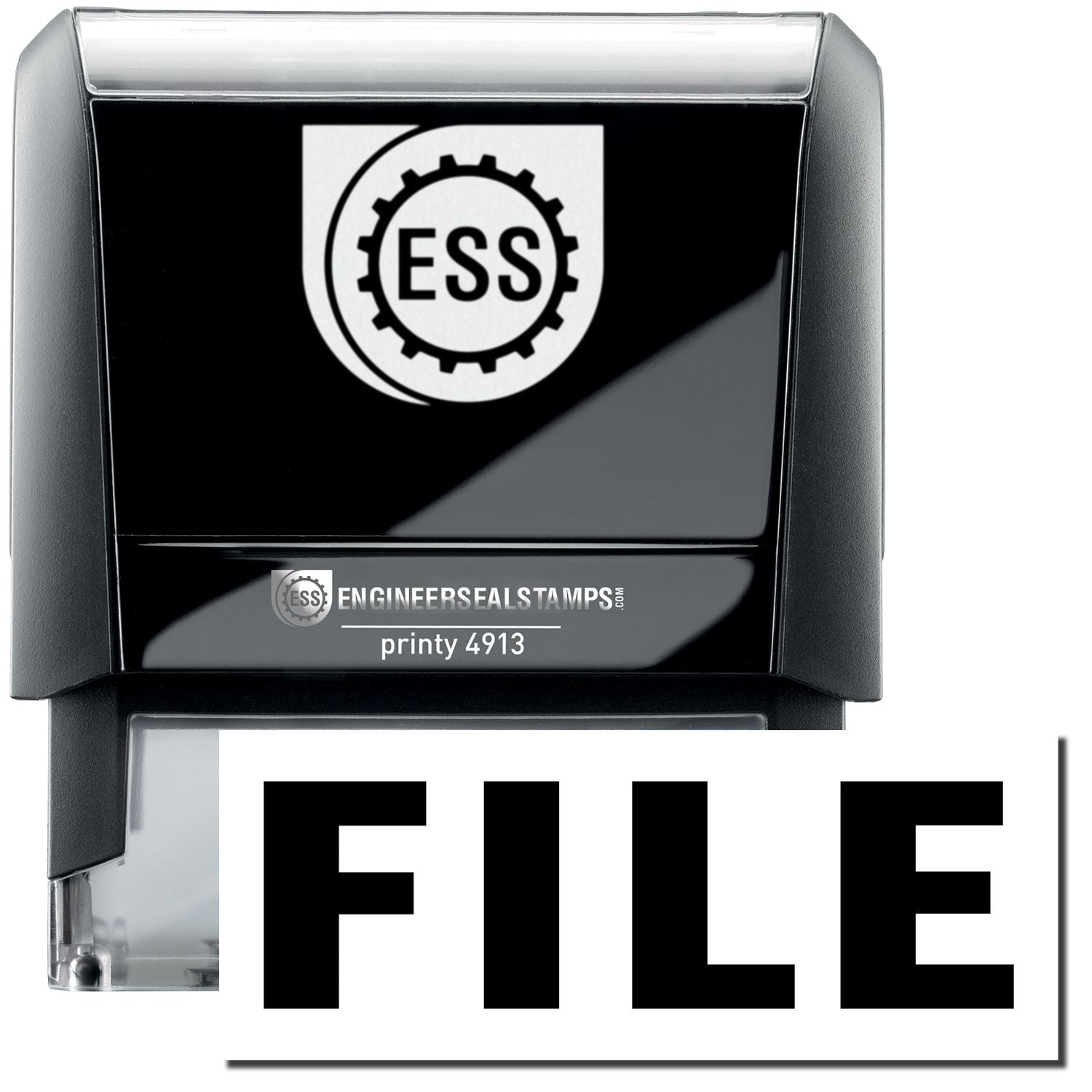 A self-inking stamp with a stamped image showing how the text "FILE" in a large bold font is displayed by it.