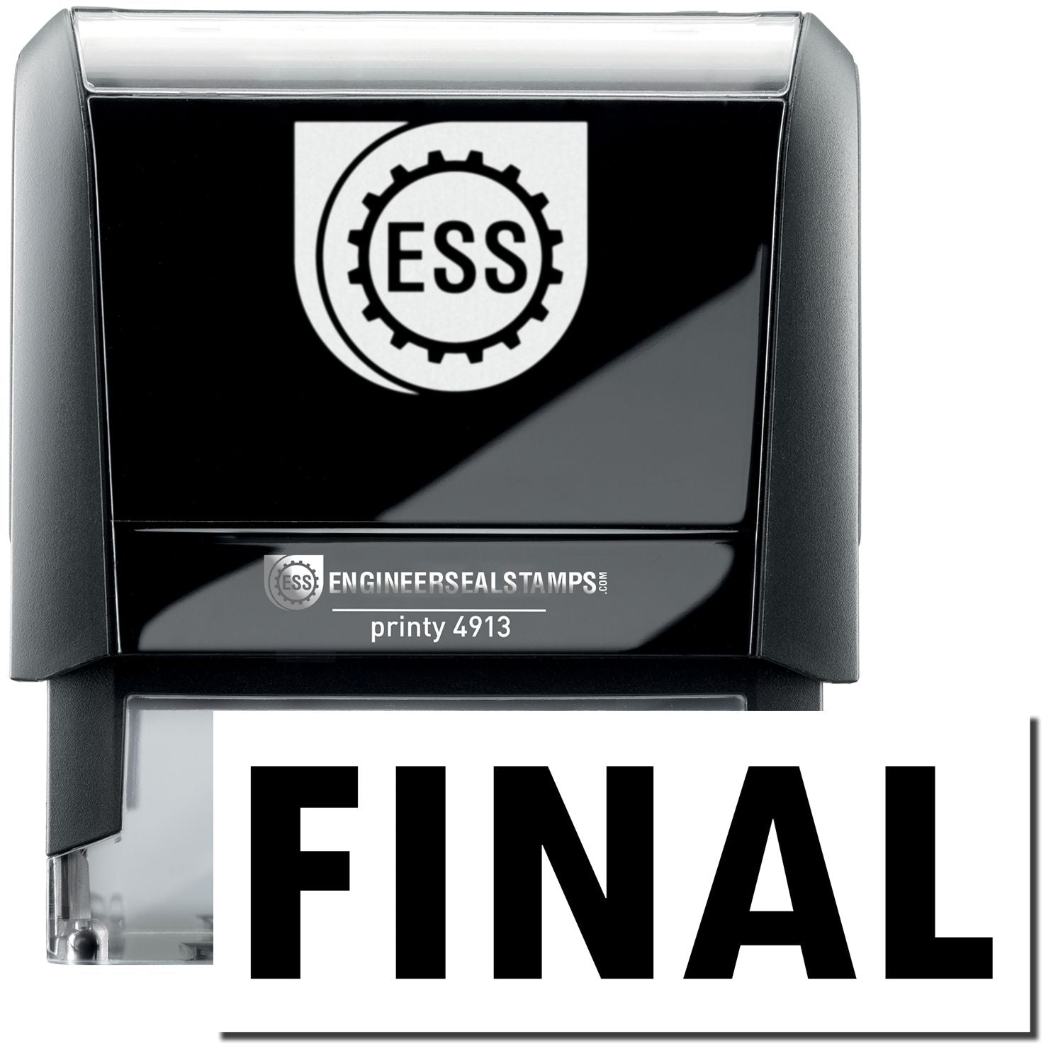 A self-inking stamp with a stamped image showing how the text "FINAL" in a large bold font is displayed by it.