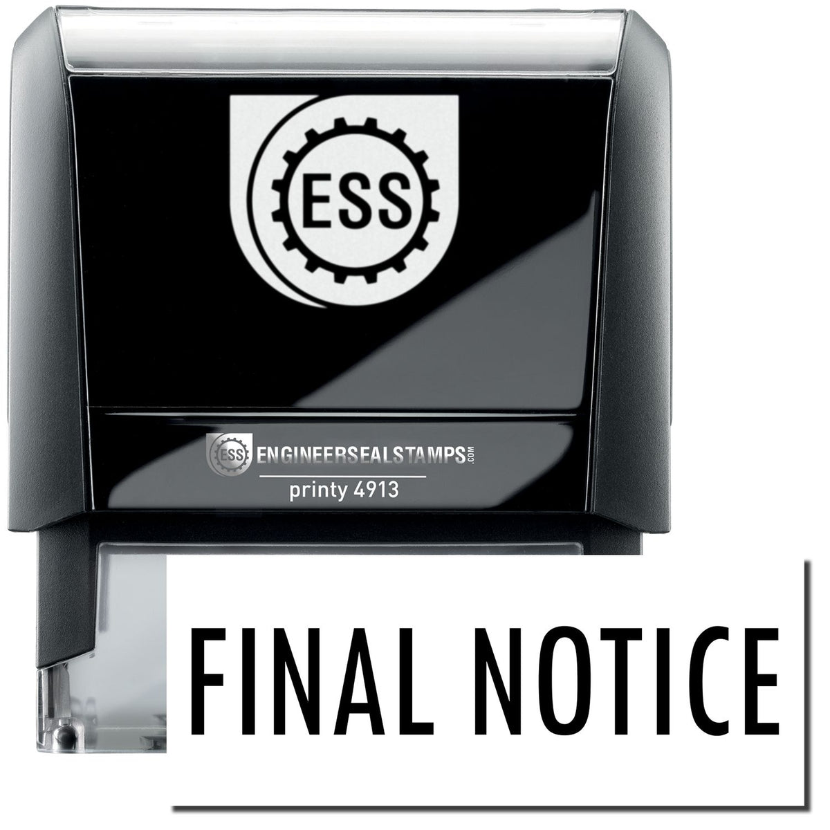 A self-inking stamp with a stamped image showing how the text &quot;FINAL NOTICE&quot; in a large bold font is displayed by it.