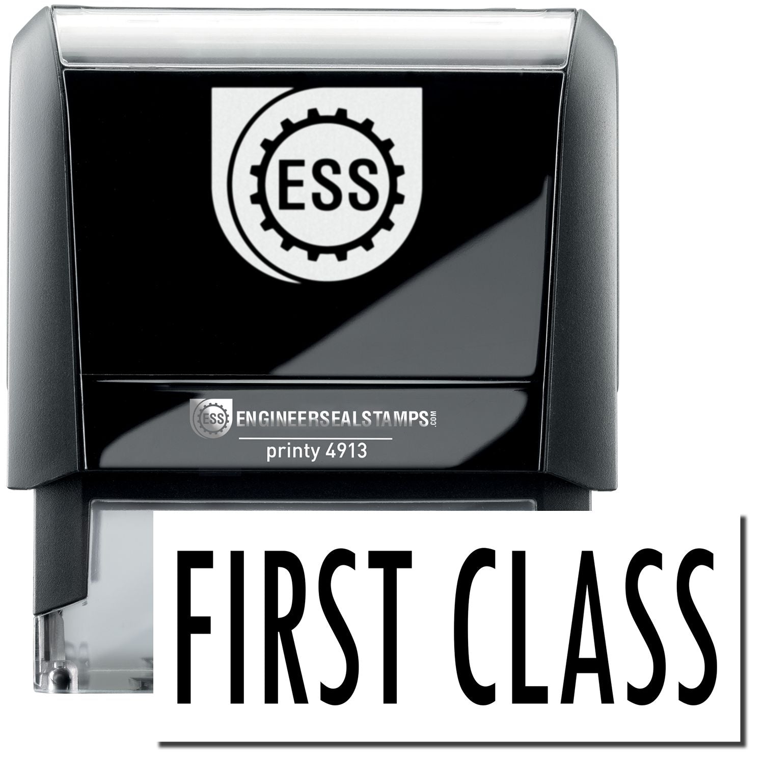 A self-inking stamp with a stamped image showing how the text FIRST CLASS in a large bold font is displayed by it.