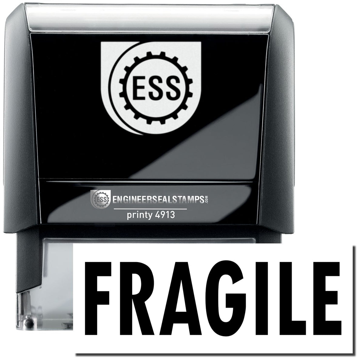 A self-inking stamp with a stamped image showing how the text &quot;FRAGILE&quot; in a large bold font is displayed by it.