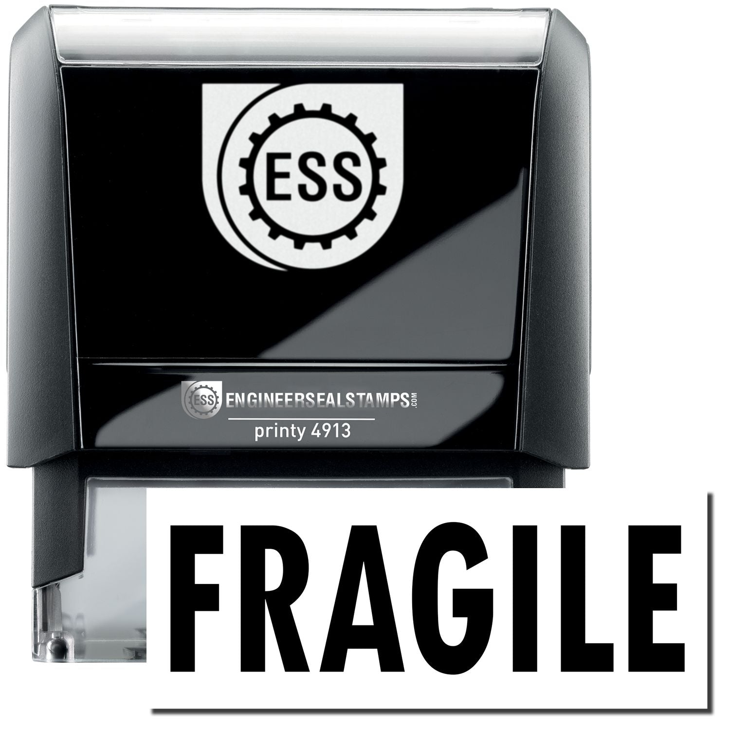 A self-inking stamp with a stamped image showing how the text "FRAGILE" in a large bold font is displayed by it.