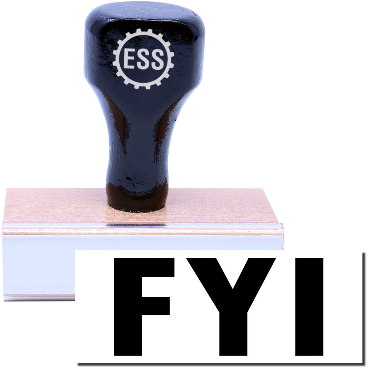 A stock office rubber stamp with a stamped image showing how the text &quot;FYI&quot; in a large font is displayed after stamping.