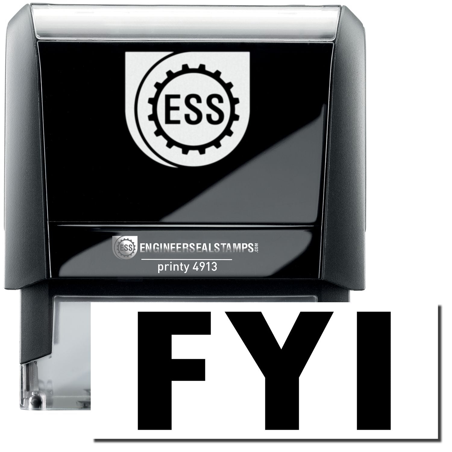A self-inking stamp with a stamped image showing how the text "FYI" in a large bold font is displayed by it.