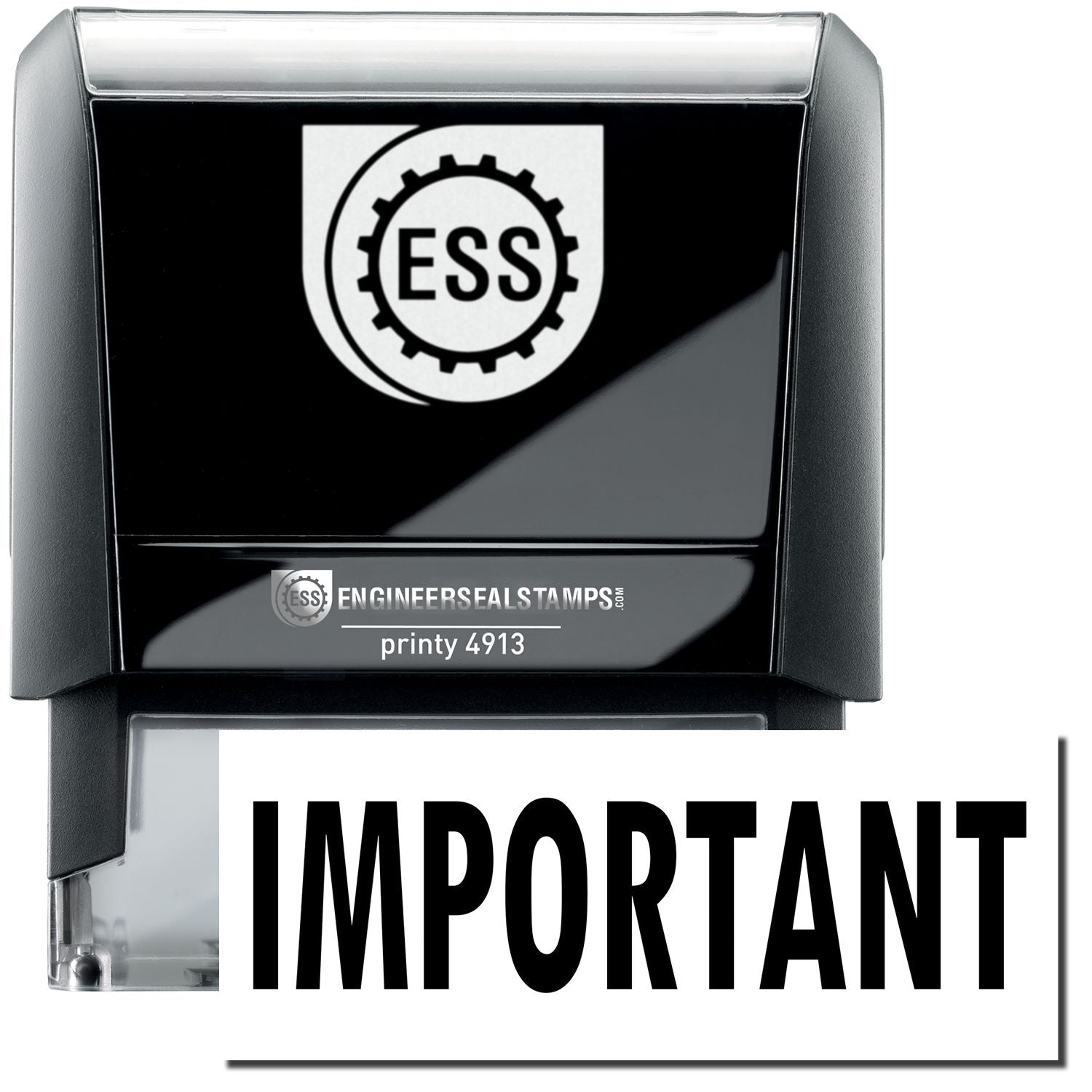 A self-inking stamp with a stamped image showing how the text "IMPORTANT" in a large bold font is displayed by it.