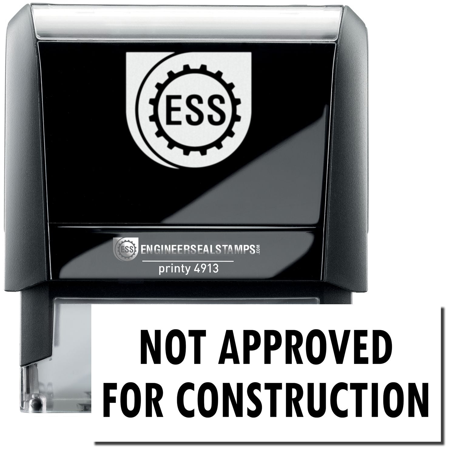 A self-inking stamp with a stamped image showing the text NOT APPROVED FOR CONSTRUCTION in a large bold font.