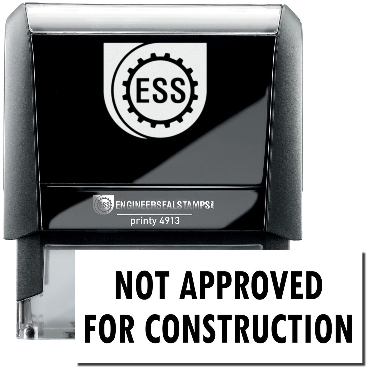 A self-inking stamp with a stamped image showing the text &quot;NOT APPROVED FOR CONSTRUCTION&quot; in a large bold font.