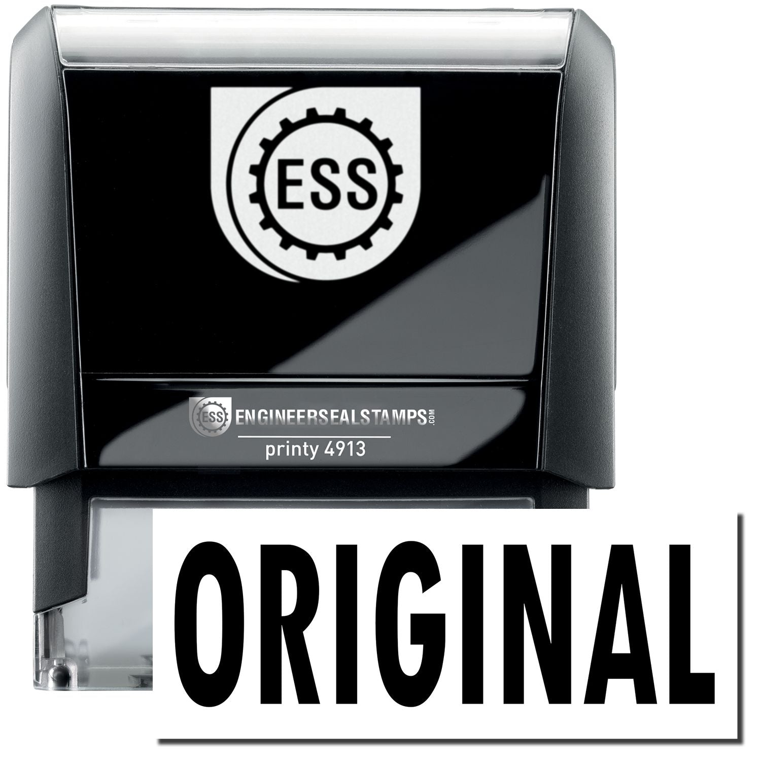 A self-inking stamp with a stamped image showing how the text ORIGINAL in a large bold font is displayed by it.