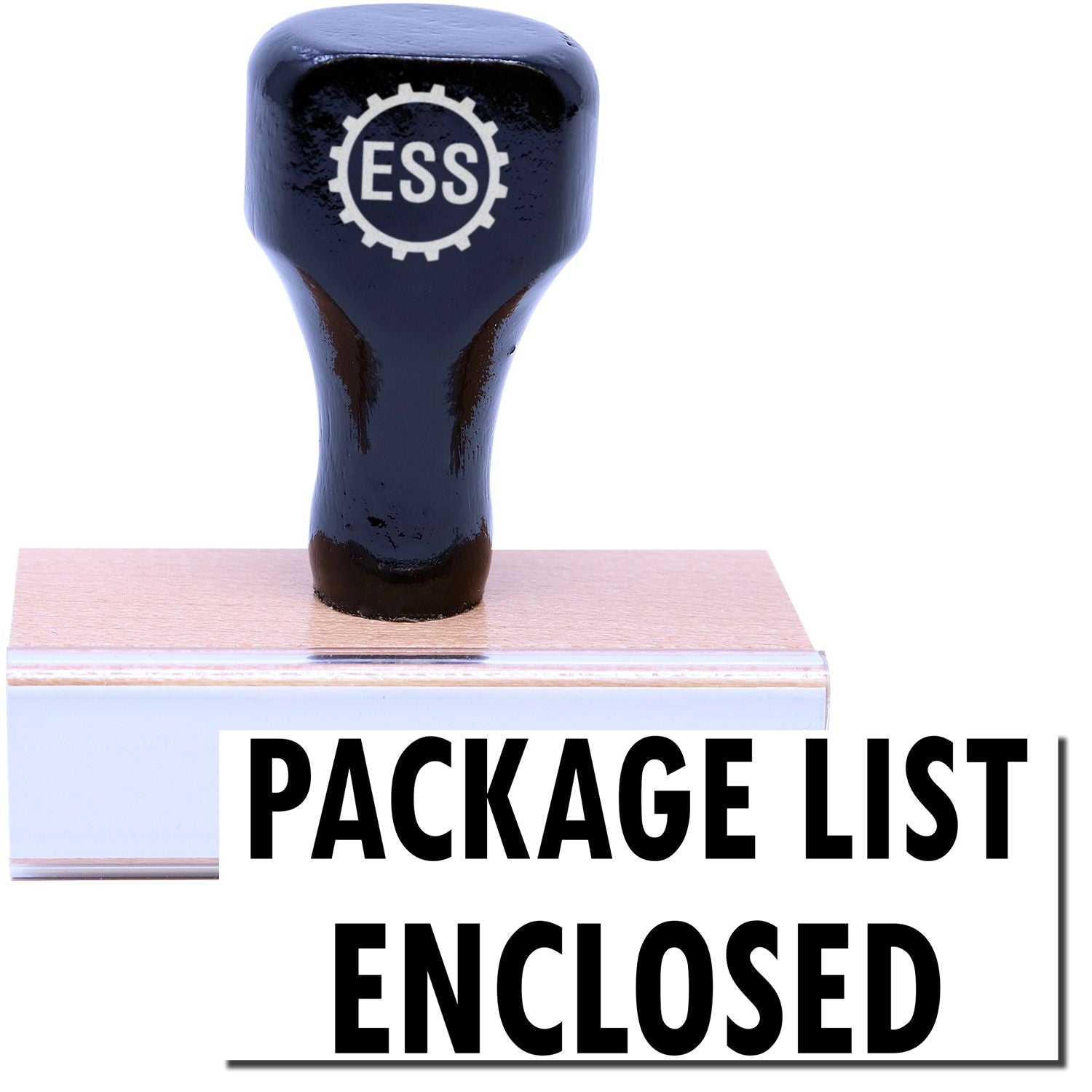 A stock office rubber stamp with a stamped image showing how the text PACKAGE LIST ENCLOSED in a large font is displayed after stamping.