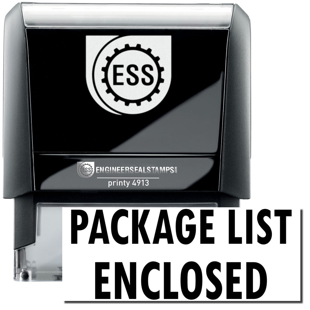 A self-inking stamp with a stamped image showing how the text &quot;PACKAGE LIST ENCLOSED&quot; in a large bold font is displayed by it