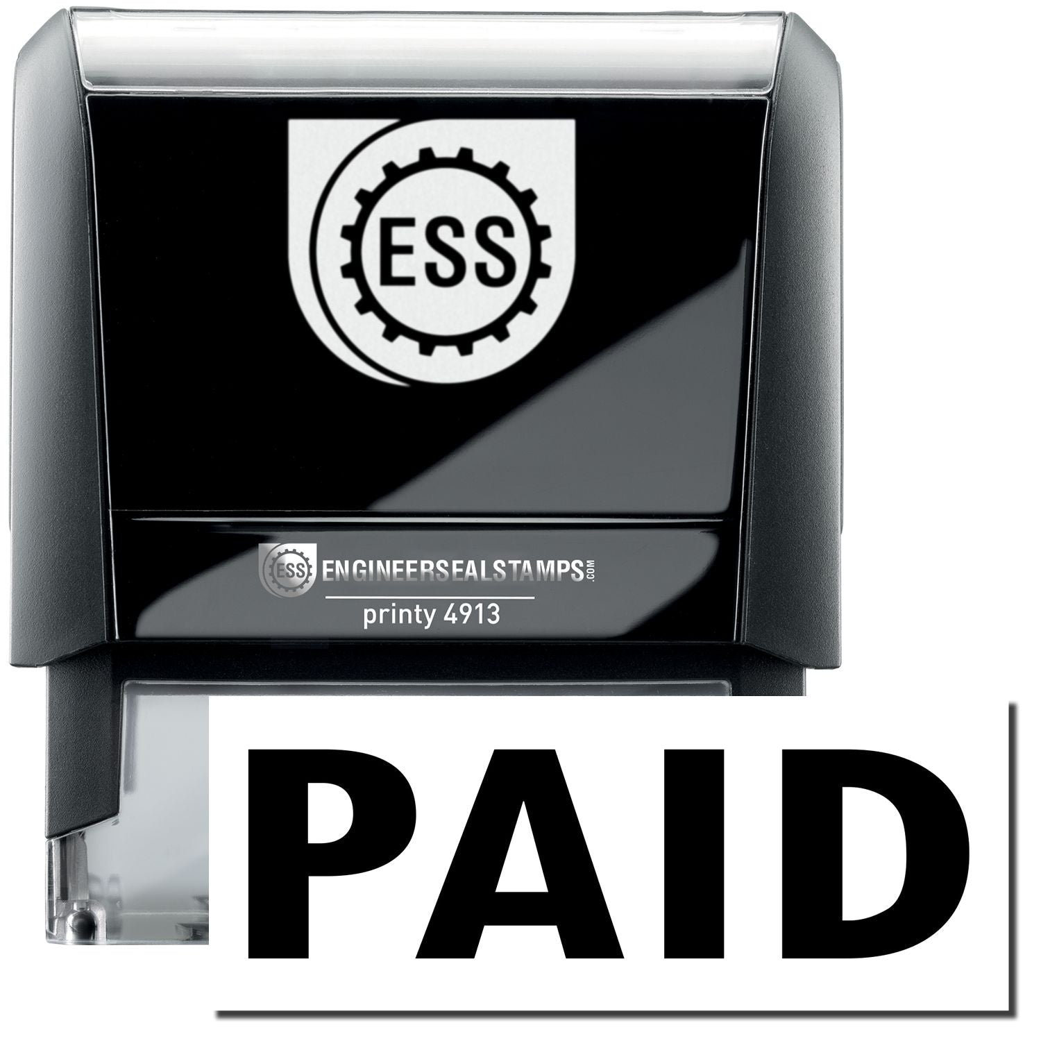 A self-inking stamp with a stamped image showing how the text PAID in a large bold font is displayed by it.