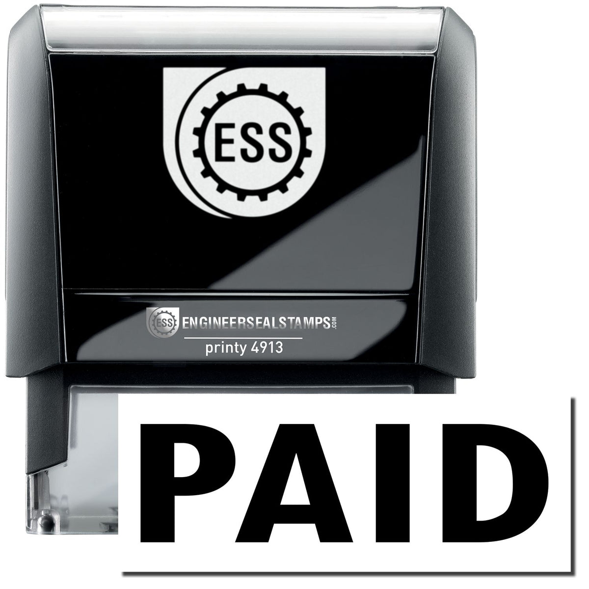 A self-inking stamp with a stamped image showing how the text &quot;PAID&quot; in a large bold font is displayed by it.