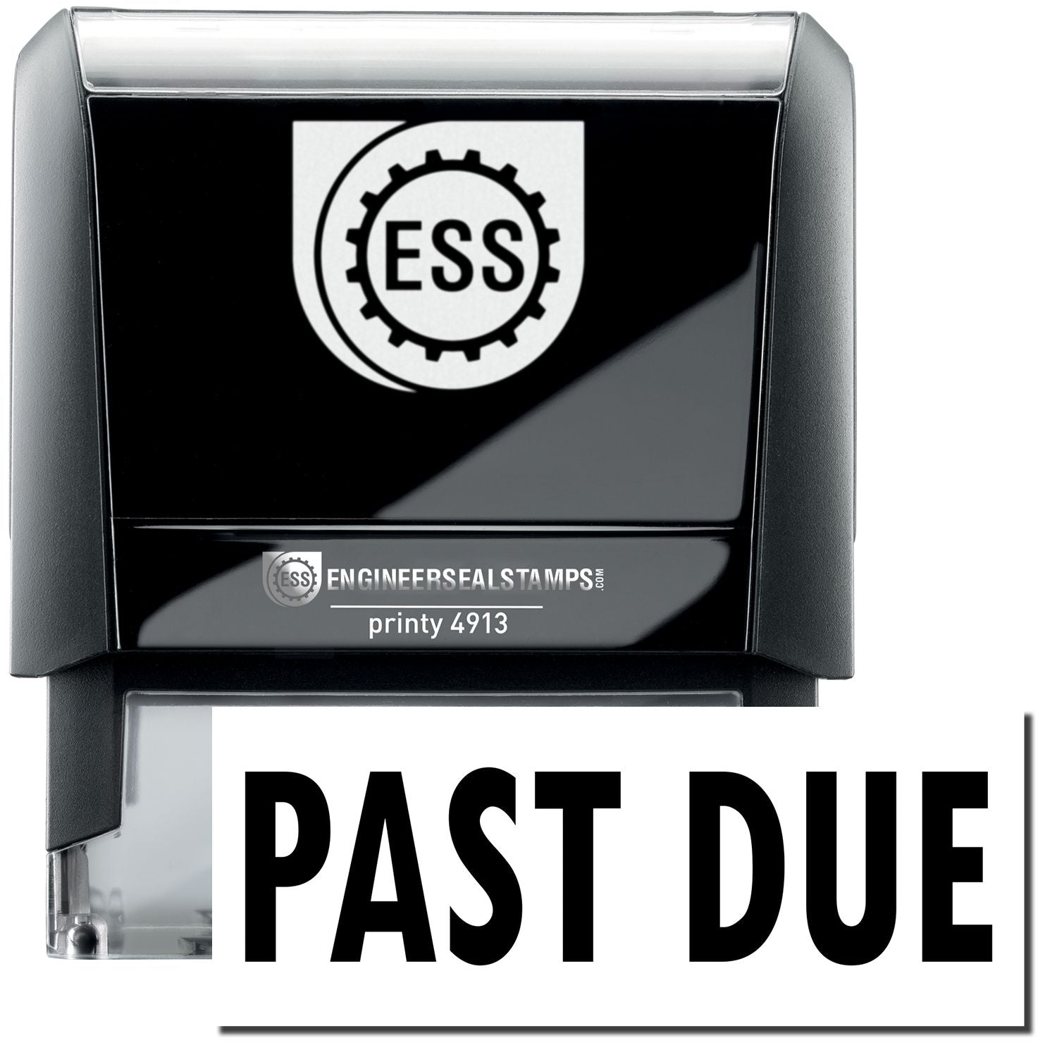 A self-inking stamp with a stamped image showing how the text PAST DUE in a large bold font is displayed by it.