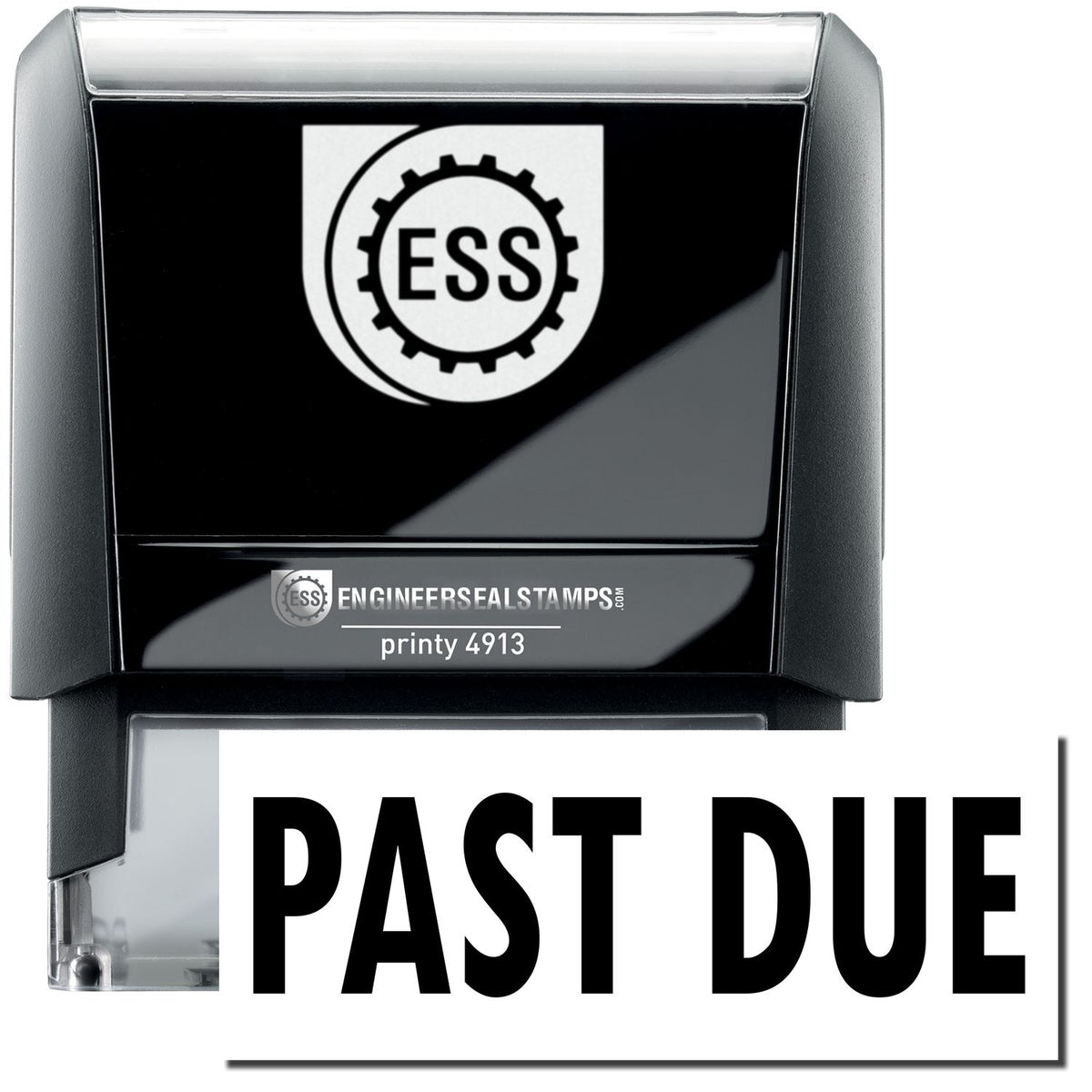 A self-inking stamp with a stamped image showing how the text &quot;PAST DUE&quot; in a large bold font is displayed by it.
