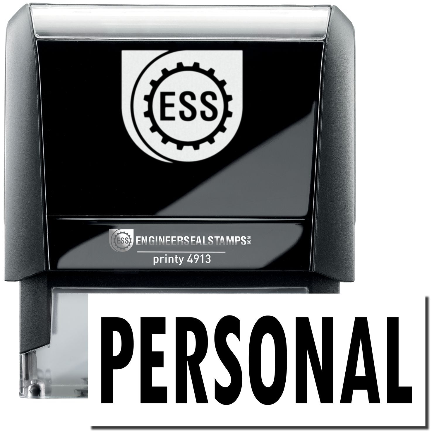 A self-inking stamp with a stamped image showing how the text PERSONAL in a large bold font is displayed by it.