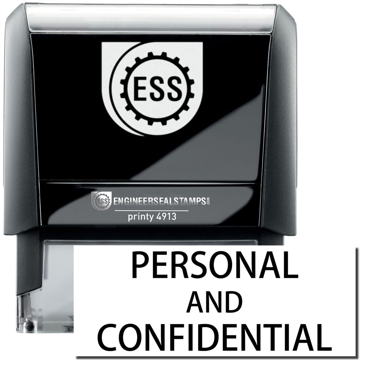 A self-inking stamp with a stamped image showing how the text &quot;PERSONAL AND CONFIDENTIAL&quot; in a large bold font is displayed by it.