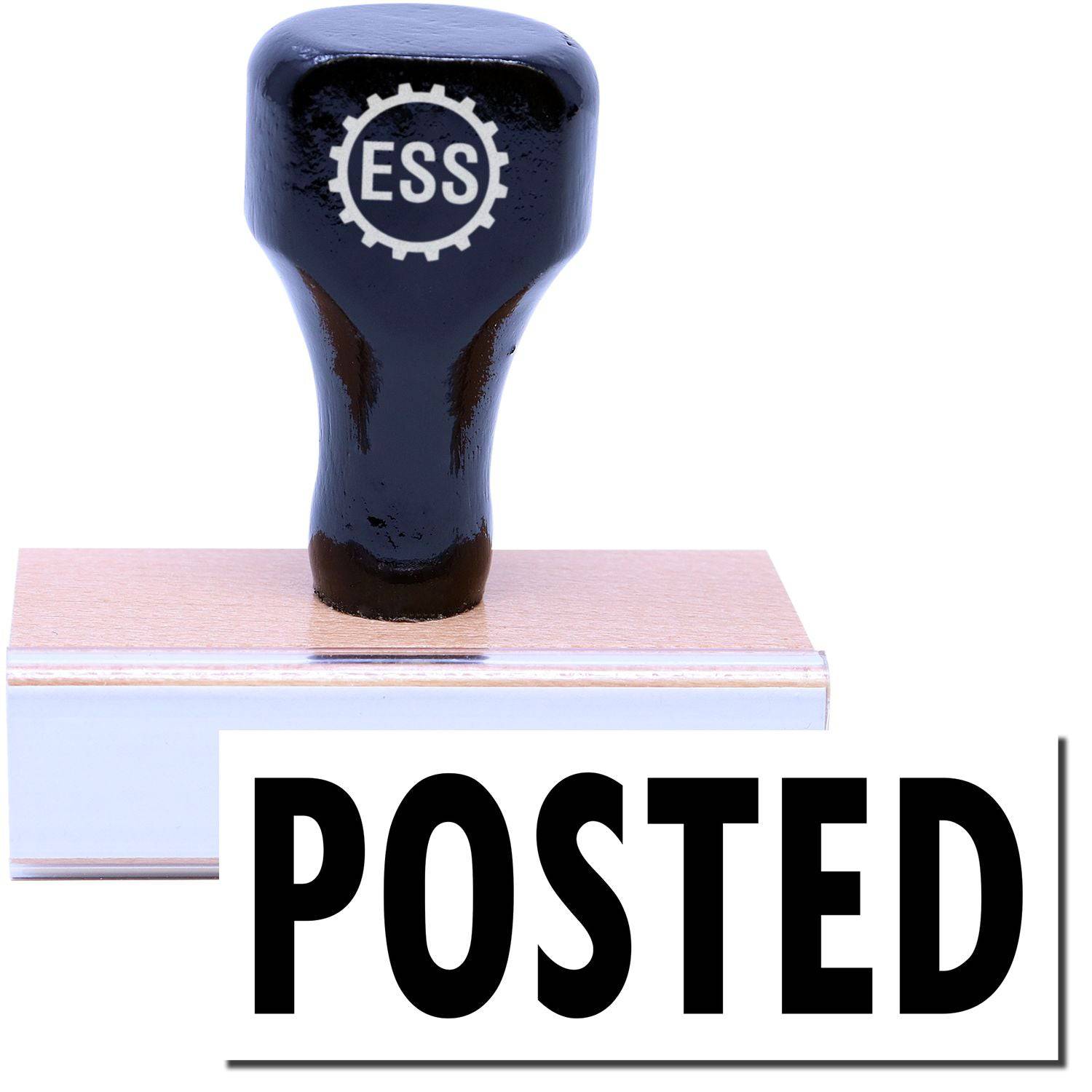 A stock office rubber stamp with a stamped image showing how the text POSTED in a large font is displayed after stamping.