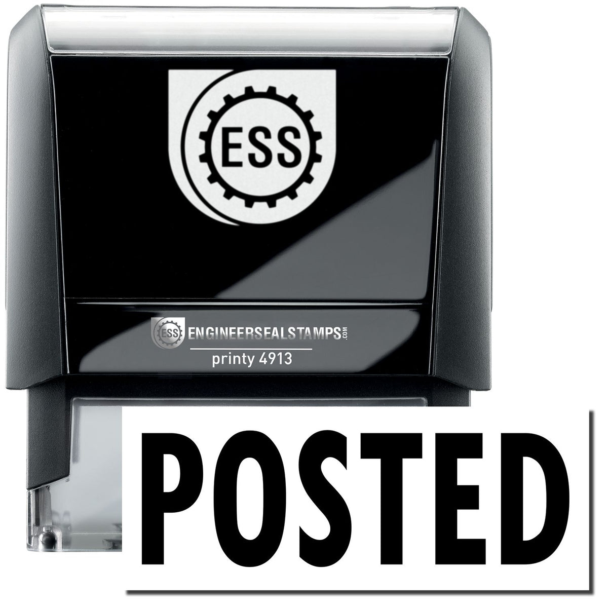 A self-inking stamp with a stamped image showing how the text &quot;POSTED&quot; in a large bold font is displayed by it.