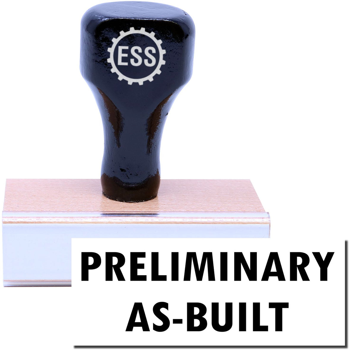 A stock office rubber stamp with a stamped image showing how the text &quot;PRELIMINARY AS-BUILT&quot; in a large font is displayed after stamping.