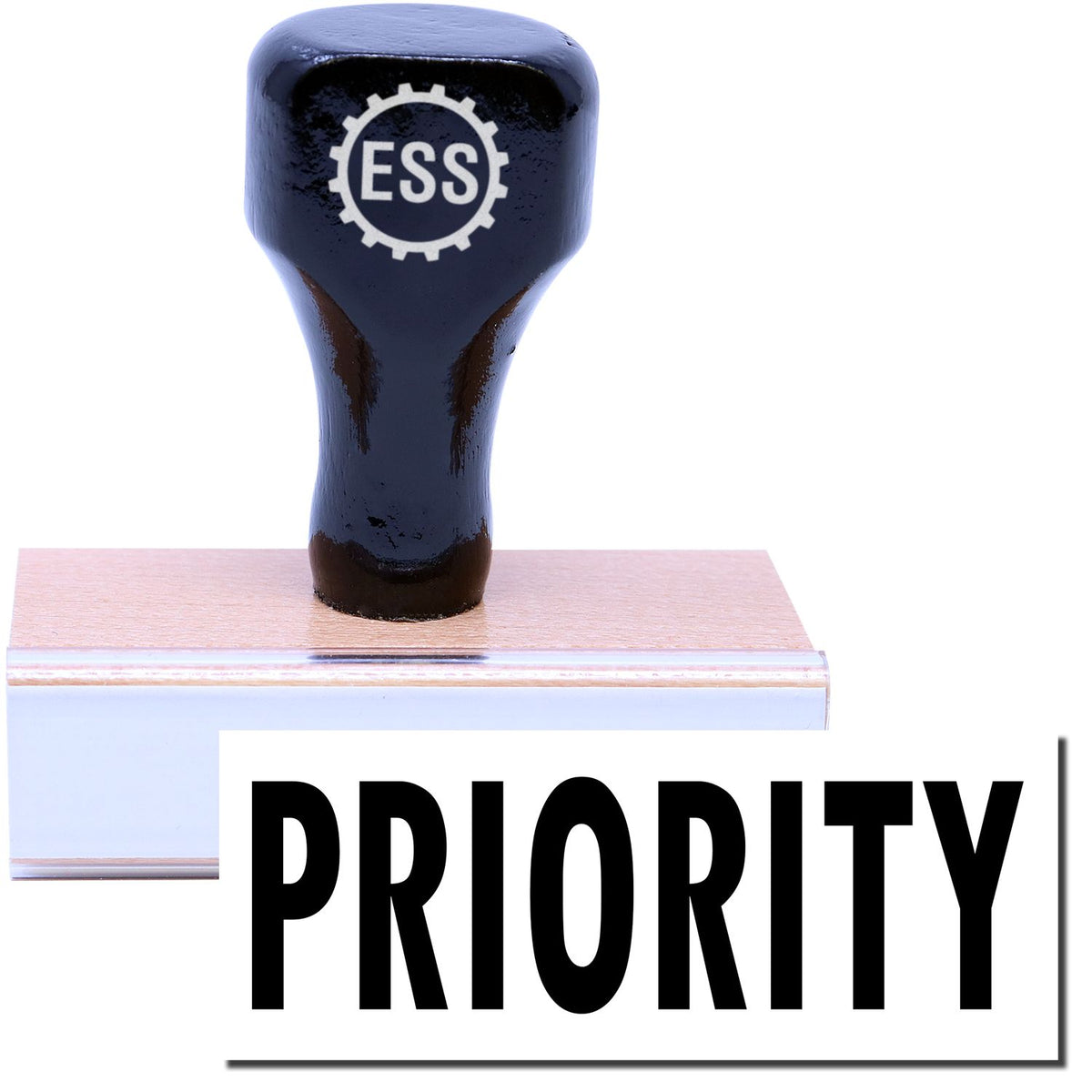 A stock office rubber stamp with a stamped image showing how the text &quot;PRIORITY&quot; in a large font is displayed after stamping.