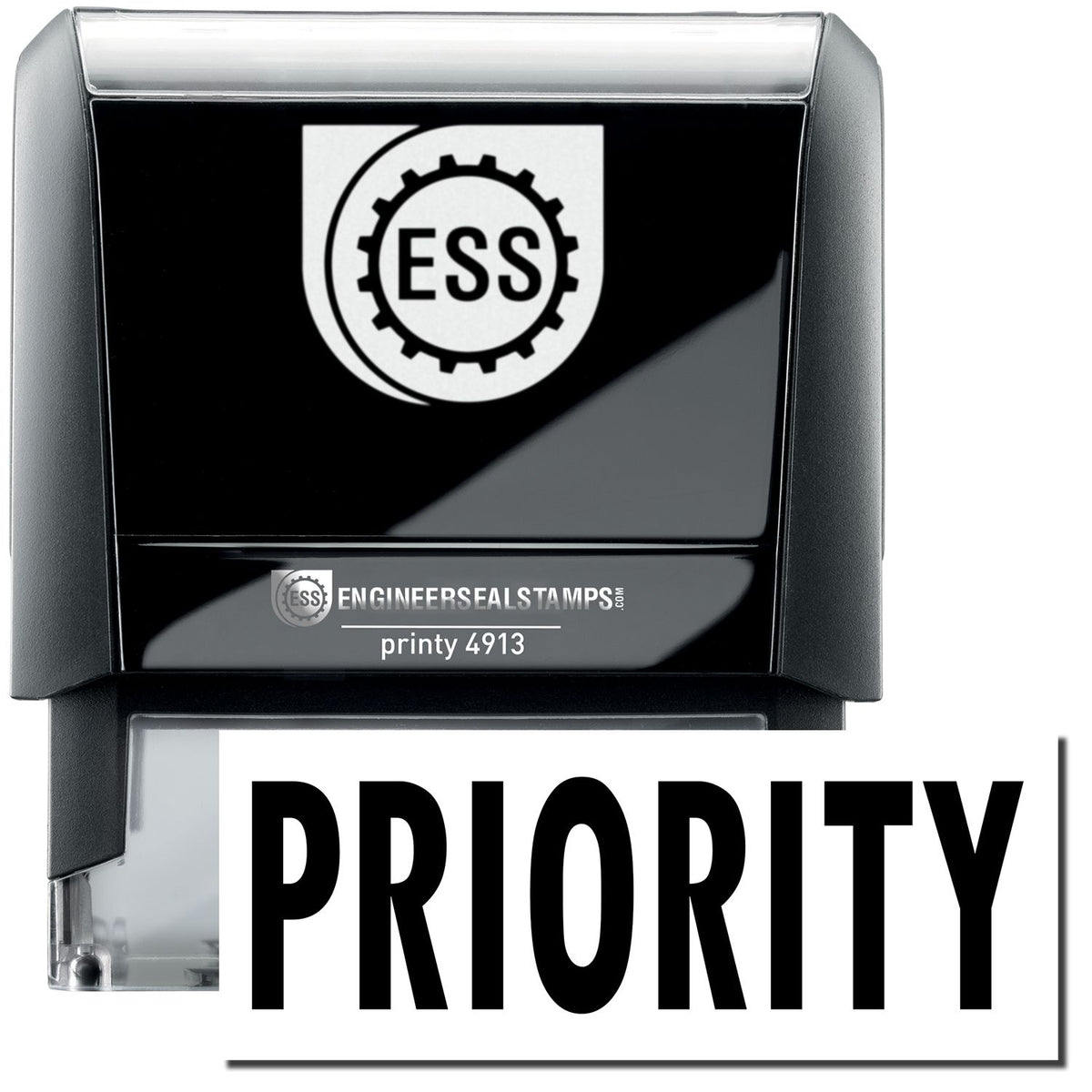 A self-inking stamp with a stamped image showing how the text &quot;PRIORITY&quot; in a large bold font is displayed by it.