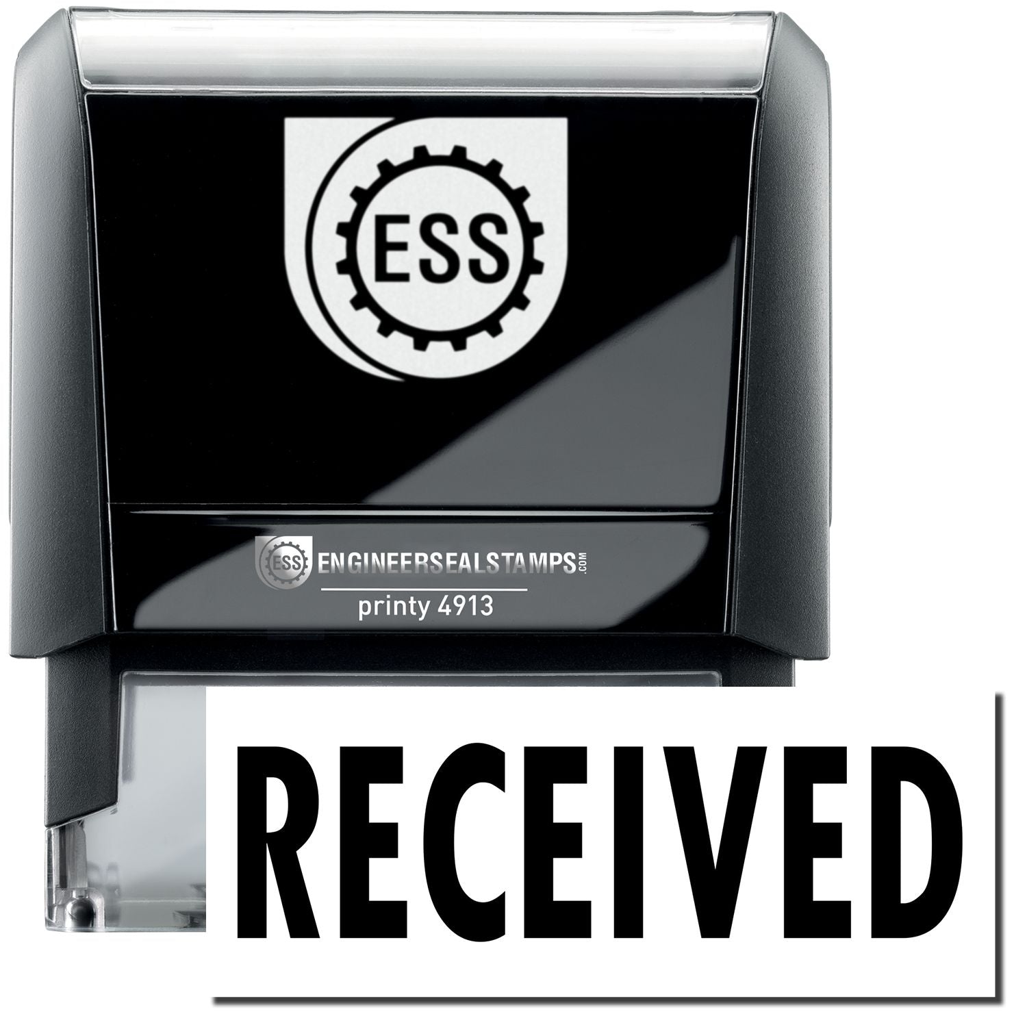 A self-inking stamp with a stamped image showing how the text RECEIVED in a large bold font is displayed by it.