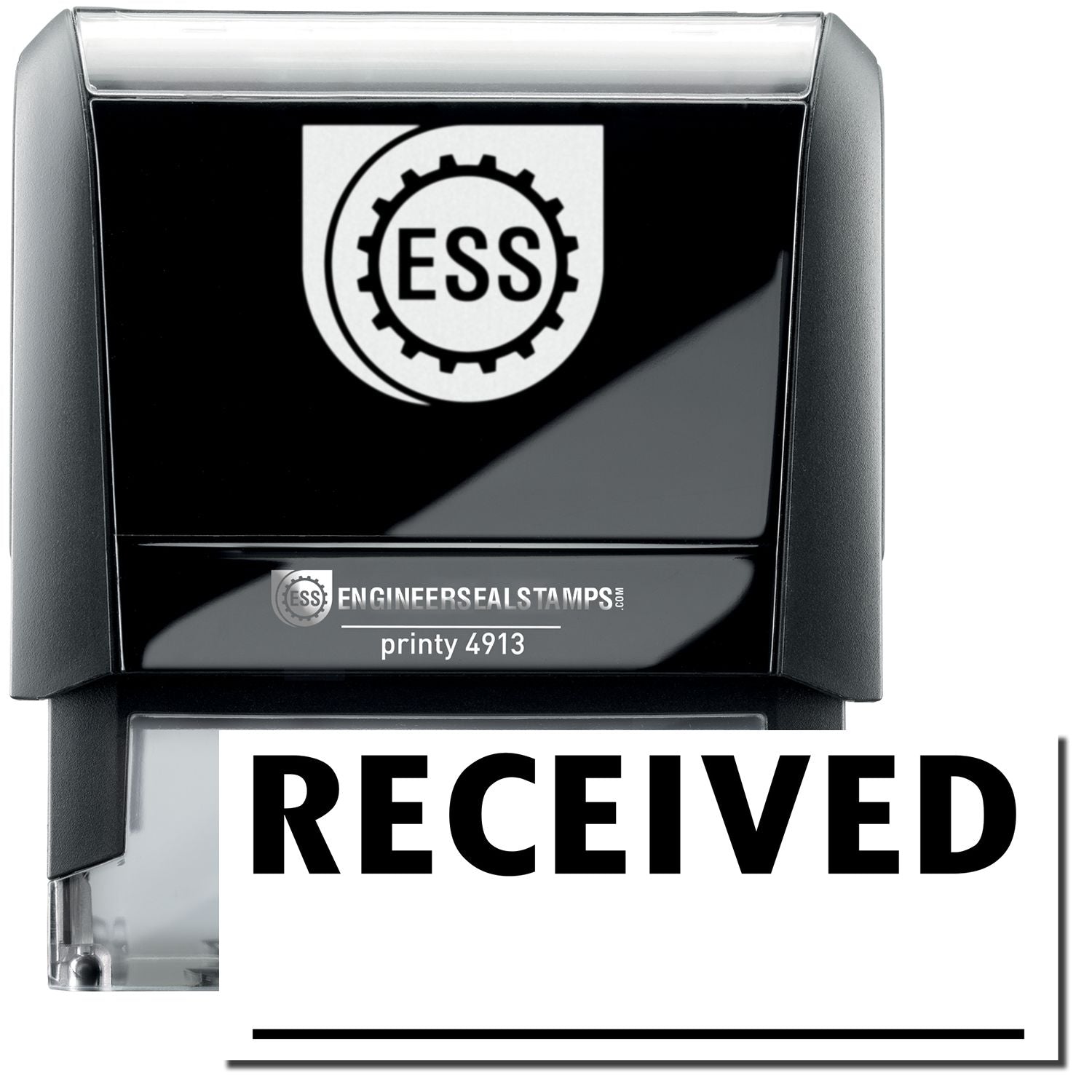 A self-inking stamp with a stamped image showing how the text RECEIVED in a large bold font with two lines is displayed by it.