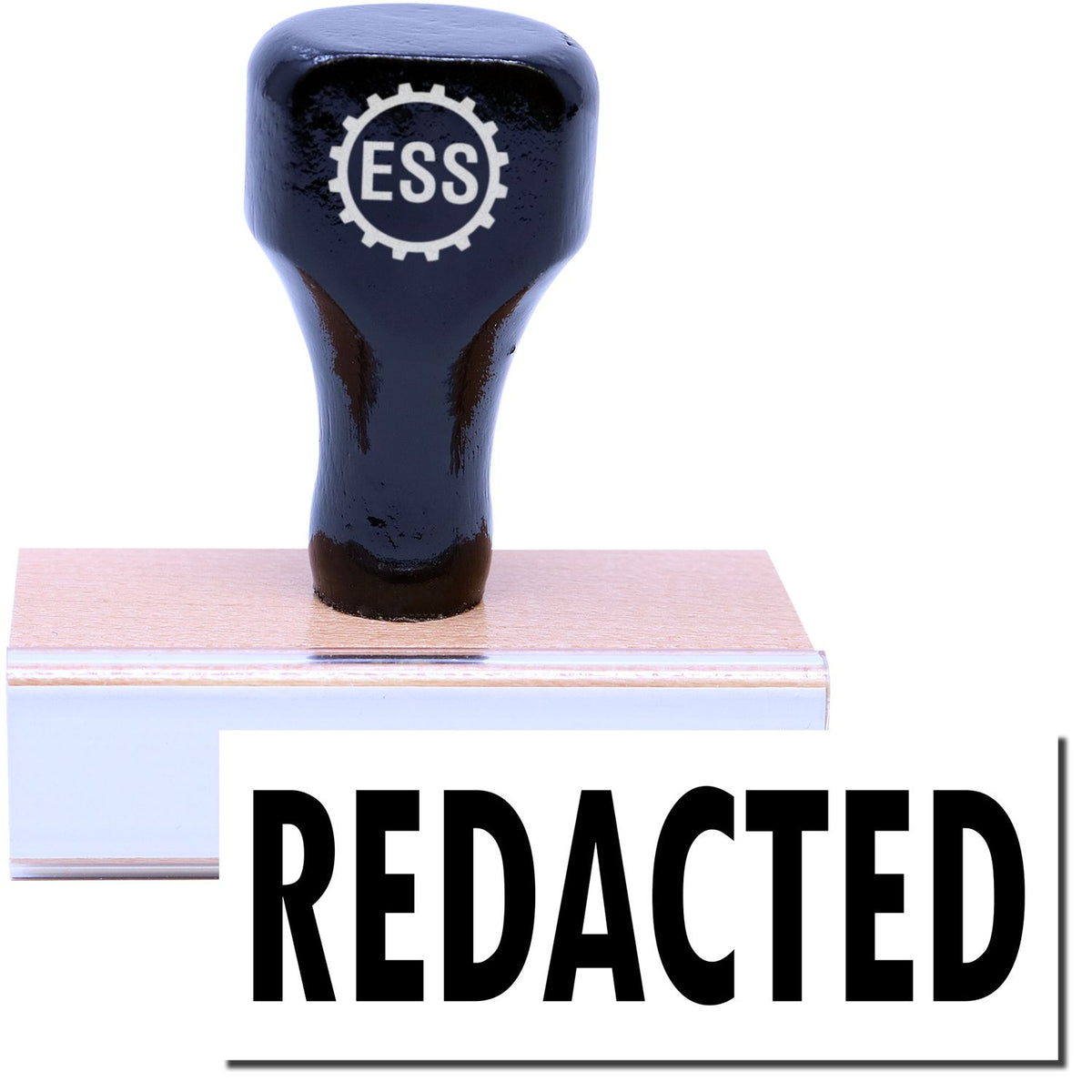 A stock office rubber stamp with a stamped image showing how the text &quot;REDACTED&quot; in a large font is displayed after stamping.