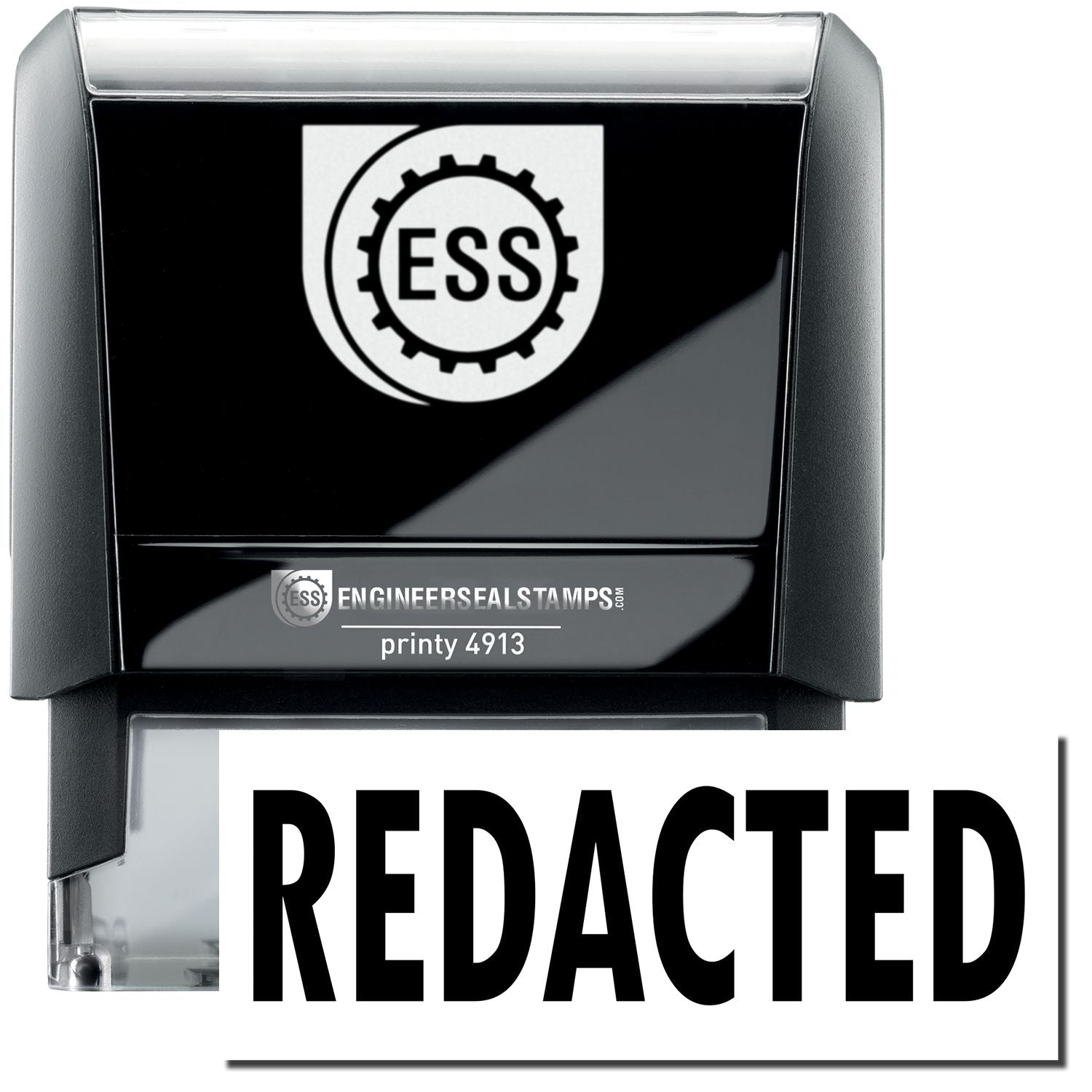 A self-inking stamp with a stamped image showing how the text REDACTED in a large bold font is displayed by it.