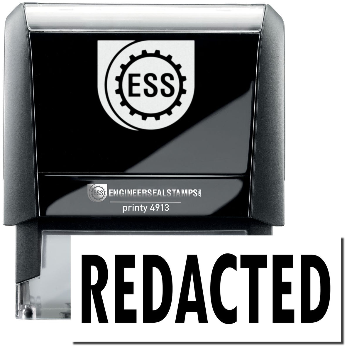 A self-inking stamp with a stamped image showing how the text &quot;REDACTED&quot; in a large bold font is displayed by it.