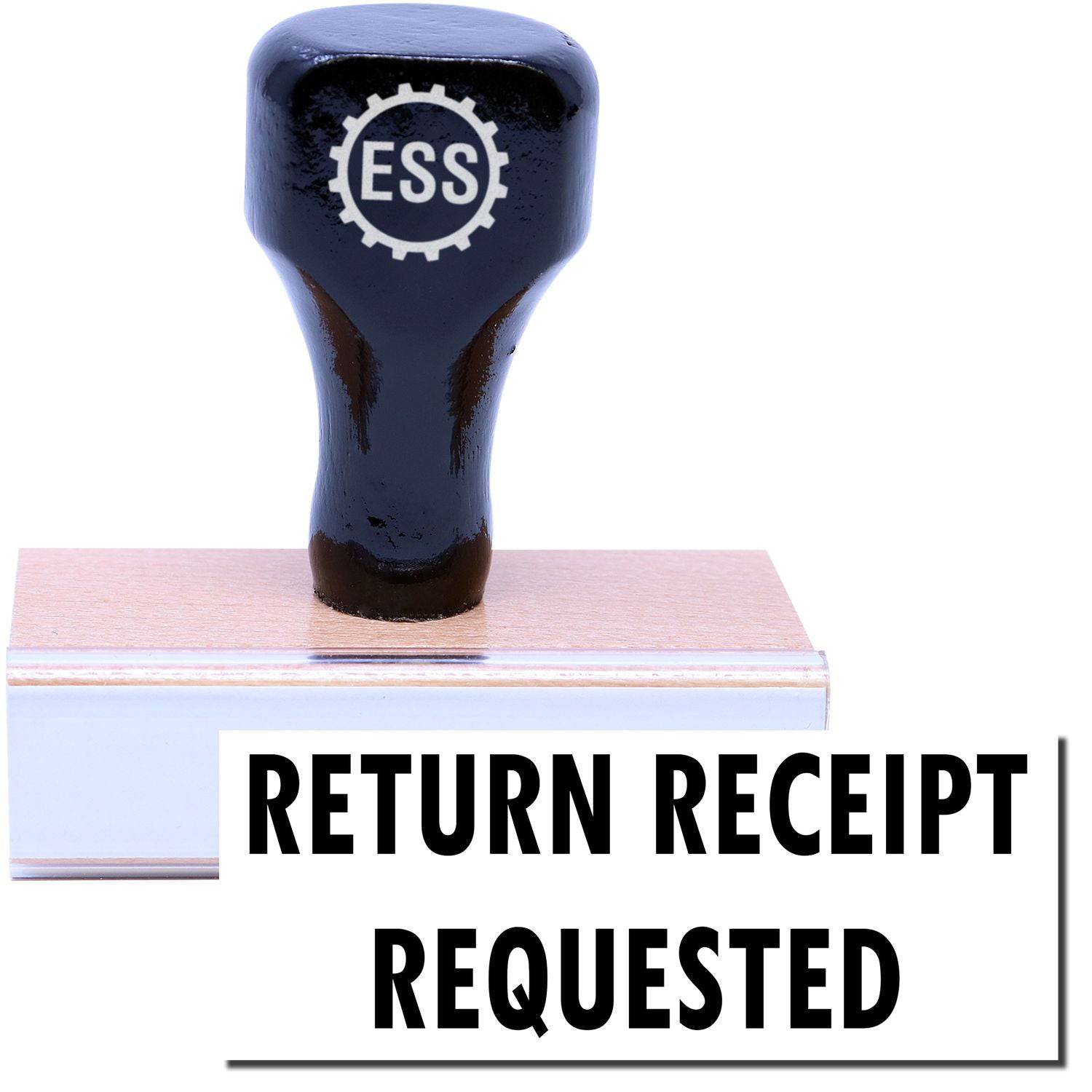 A stock office rubber stamp with a stamped image showing how the text RETURN RECEIPT REQUESTED in a large font is displayed after stamping.