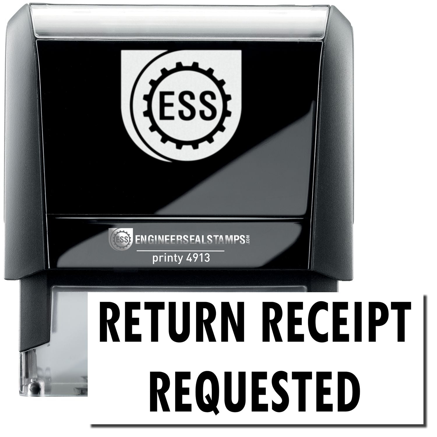 A self-inking stamp with a stamped image showing how the text "RETURN RECEIPT REQUESTED" in a large bold font is displayed by it.