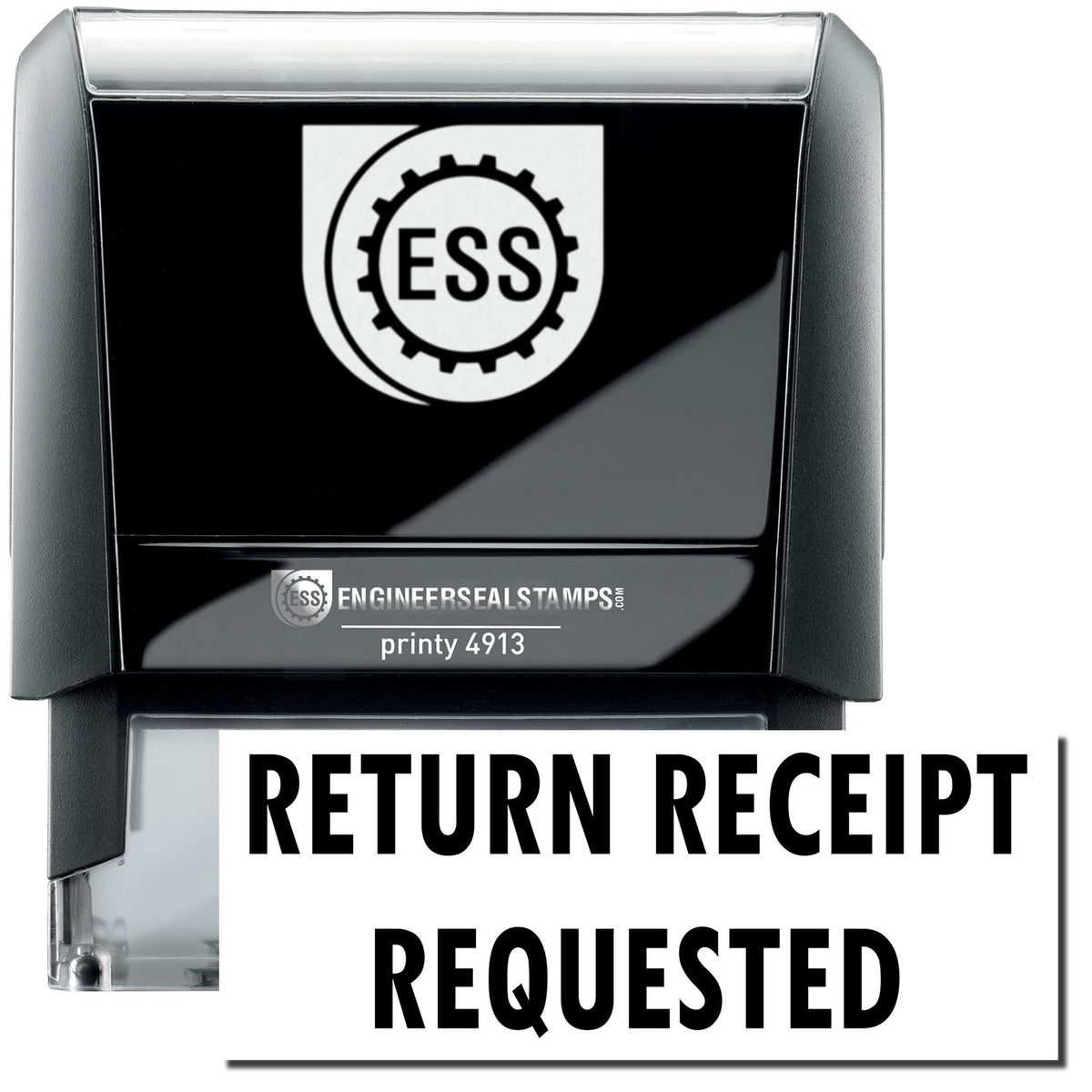 A self-inking stamp with a stamped image showing how the text &quot;RETURN RECEIPT REQUESTED&quot; in a large bold font is displayed by it.