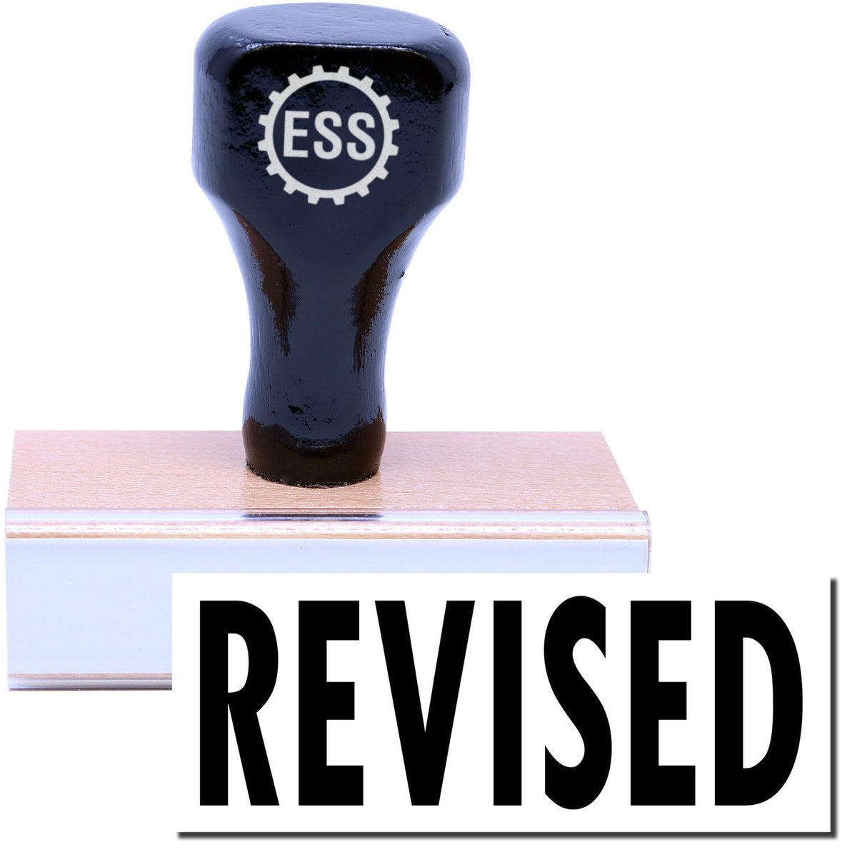 A stock office rubber stamp with a stamped image showing how the text &quot;REVISED&quot; in a large bold font is displayed after stamping.
