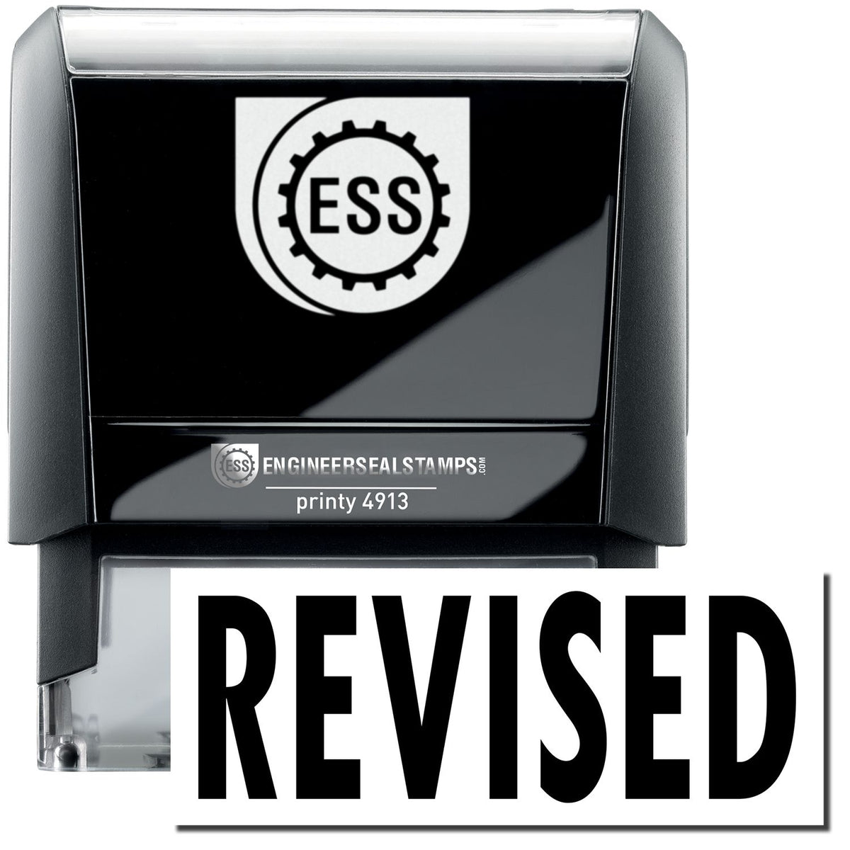 A self-inking stamp with a stamped image showing how the text &quot;REVISED&quot; in a large bold font is displayed by it.