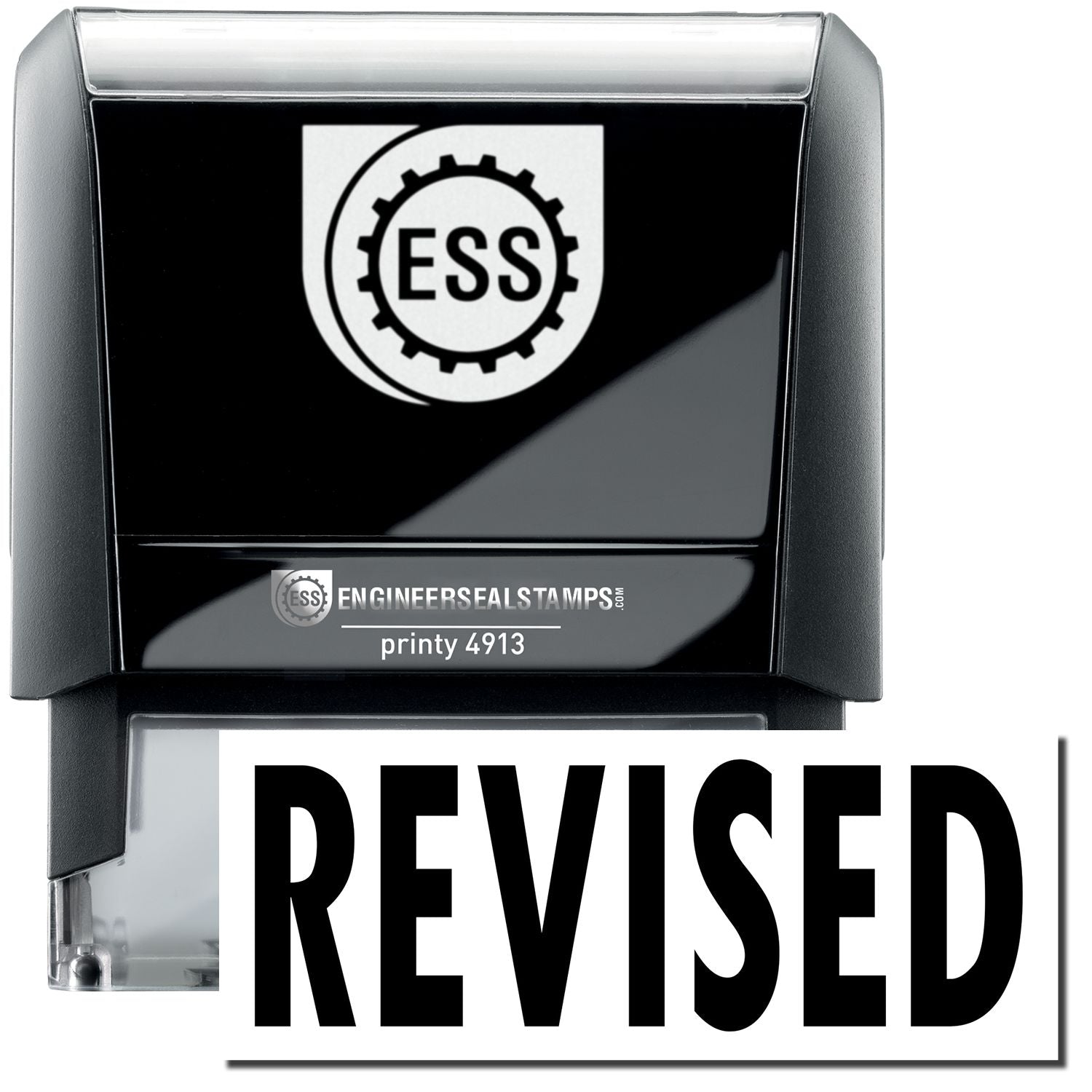 A self-inking stamp with a stamped image showing how the text "REVISED" in a large bold font is displayed by it.