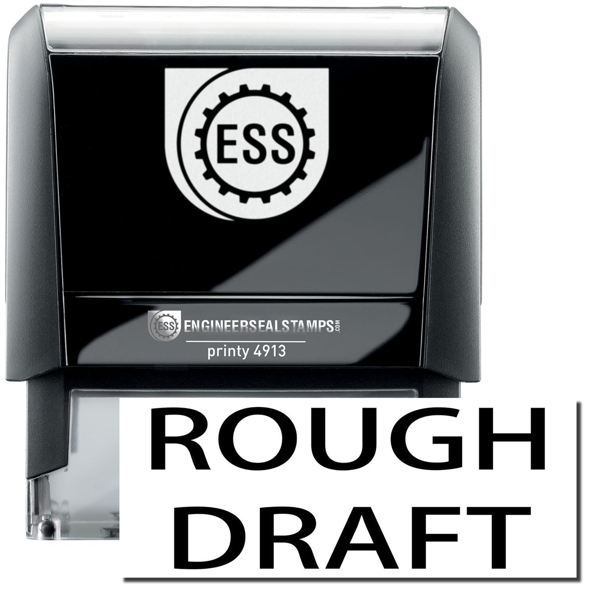 A self-inking stamp with a stamped image showing how the text &quot;ROUGH DRAFT&quot; in a large bold font is displayed by it.