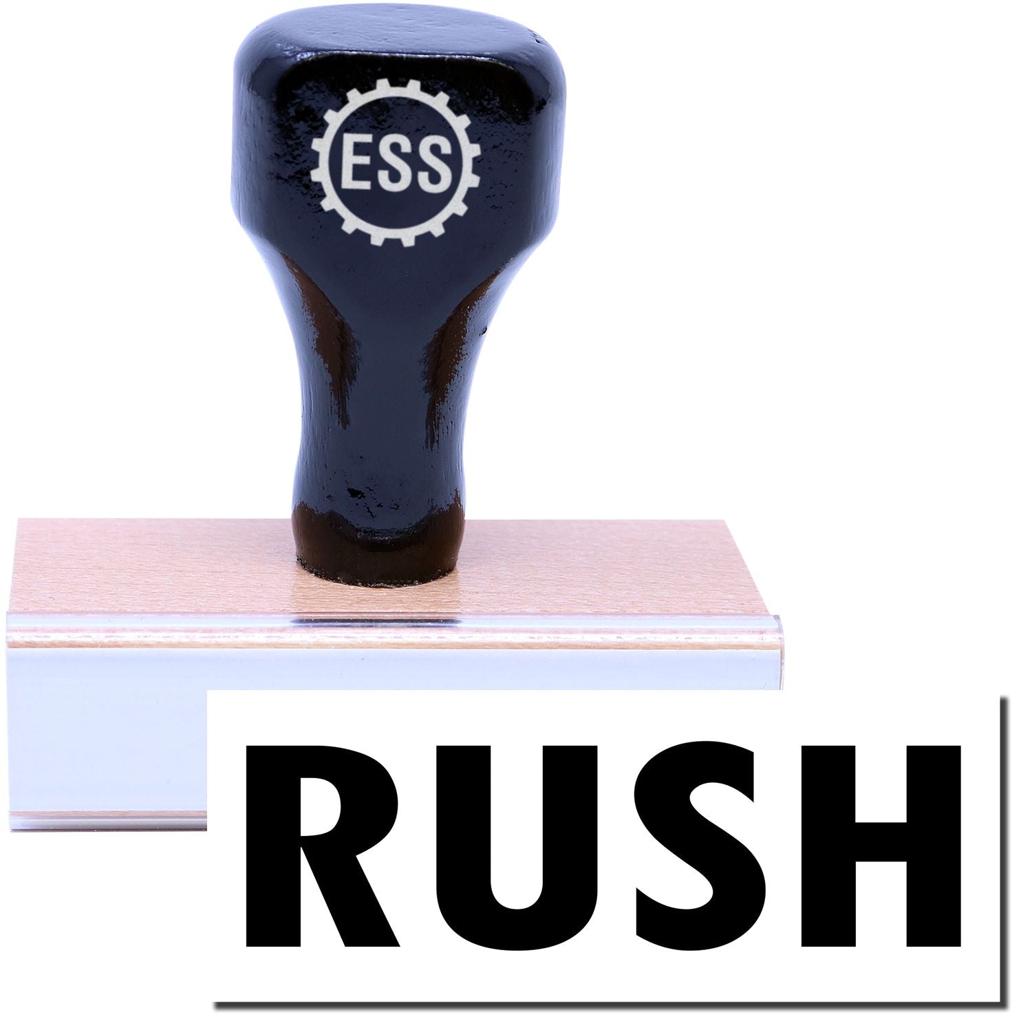 A stock office rubber stamp with a stamped image showing how the text "RUSH" in a large font is displayed after stamping.