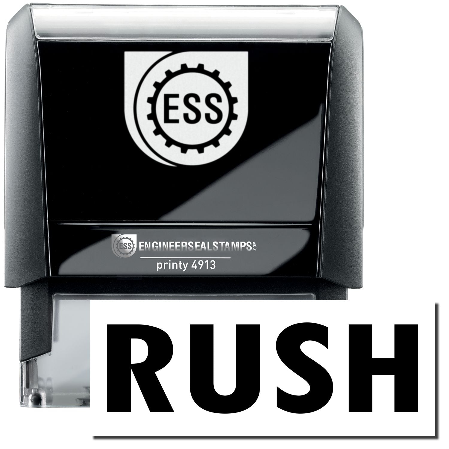 A self-inking stamp with a stamped image showing how the text RUSH in a large bold font is displayed by it.