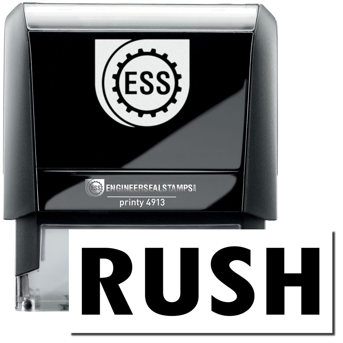 A self-inking stamp with a stamped image showing how the text &quot;RUSH&quot; in a large bold font is displayed by it.