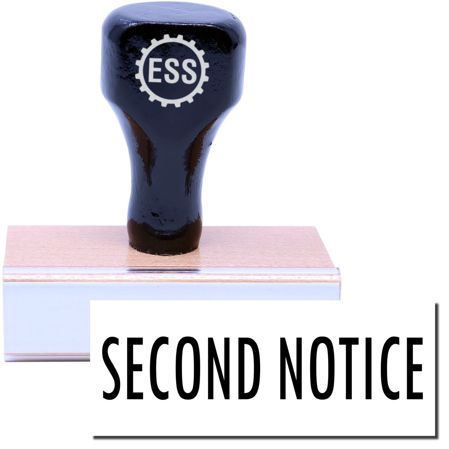 A stock office rubber stamp with a stamped image showing how the text "SECOND NOTICE" in a large font is displayed after stamping.