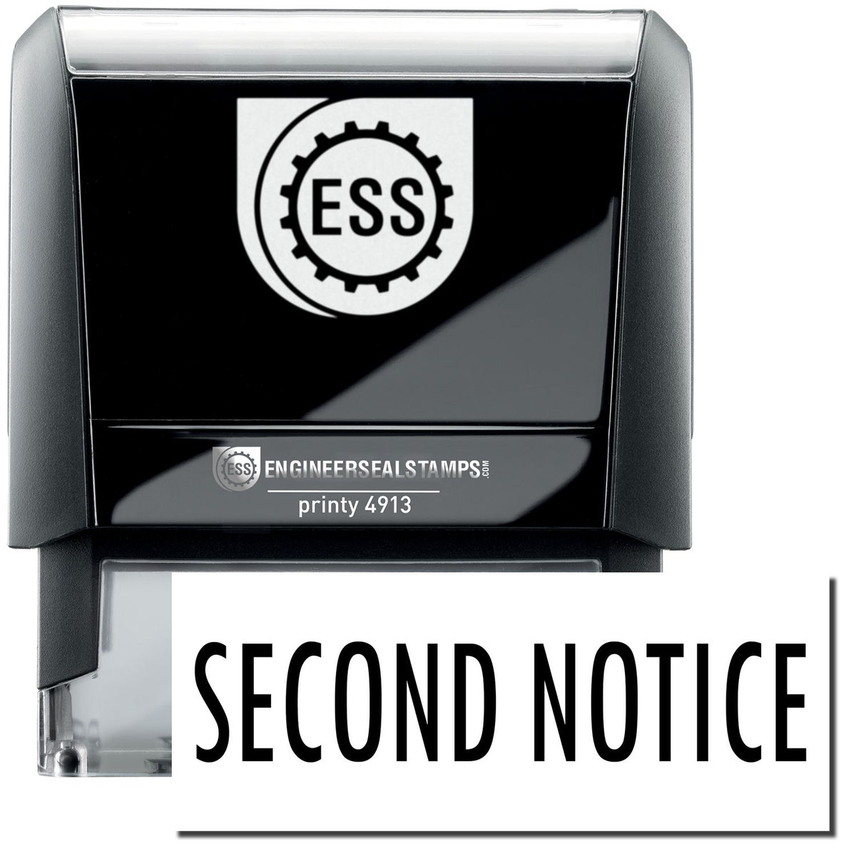 A self-inking stamp with a stamped image showing how the text &quot;SECOND NOTICE&quot; in a large bold font is displayed by it.